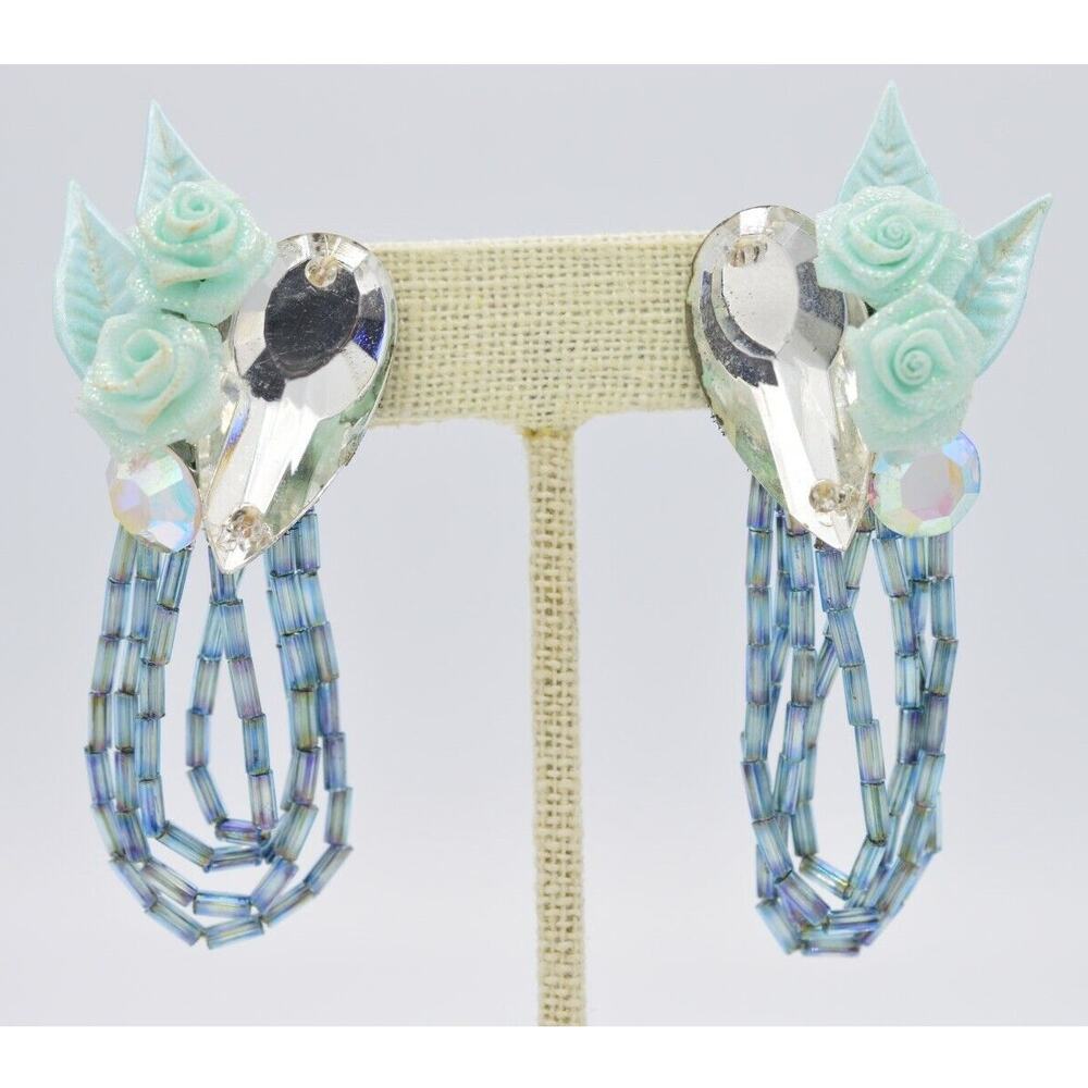 Vintage Beaded Clip On Earrings Sky Blue Rose Flower Crystal Chunky 1970s BinH